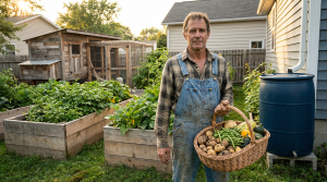 Homesteader standing in productive backyard garden with raised beds, chicken coop, and rain barrel at golden hour