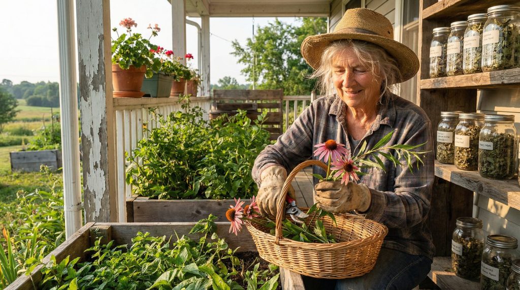 Older woman harvesting echinacea and medicinal herbs from raised beds on a rural homestead porch