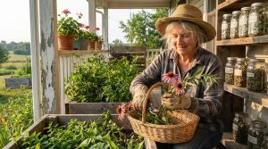 Older woman harvesting echinacea and medicinal herbs from raised beds on a rural homestead porch