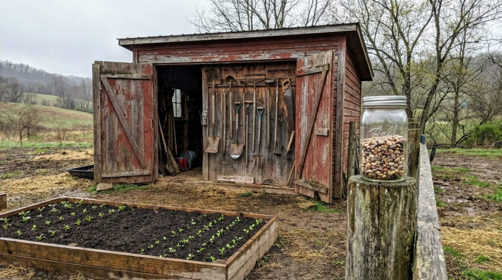 Weathered red tool shed with hand tools, raised garden bed with seedlings, and mason jar of heirloom seeds on a fence post — rural homestead in early spring