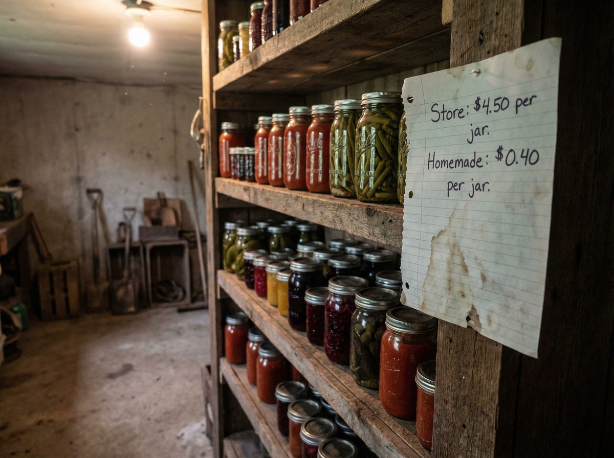 Home canning jars showing cost comparison: Store $4.50 vs Homemade $0.40 per jar