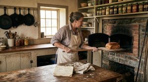 Homesteader woman pulling fresh bread from a wood-burning oven with mason jars on shelves behind her